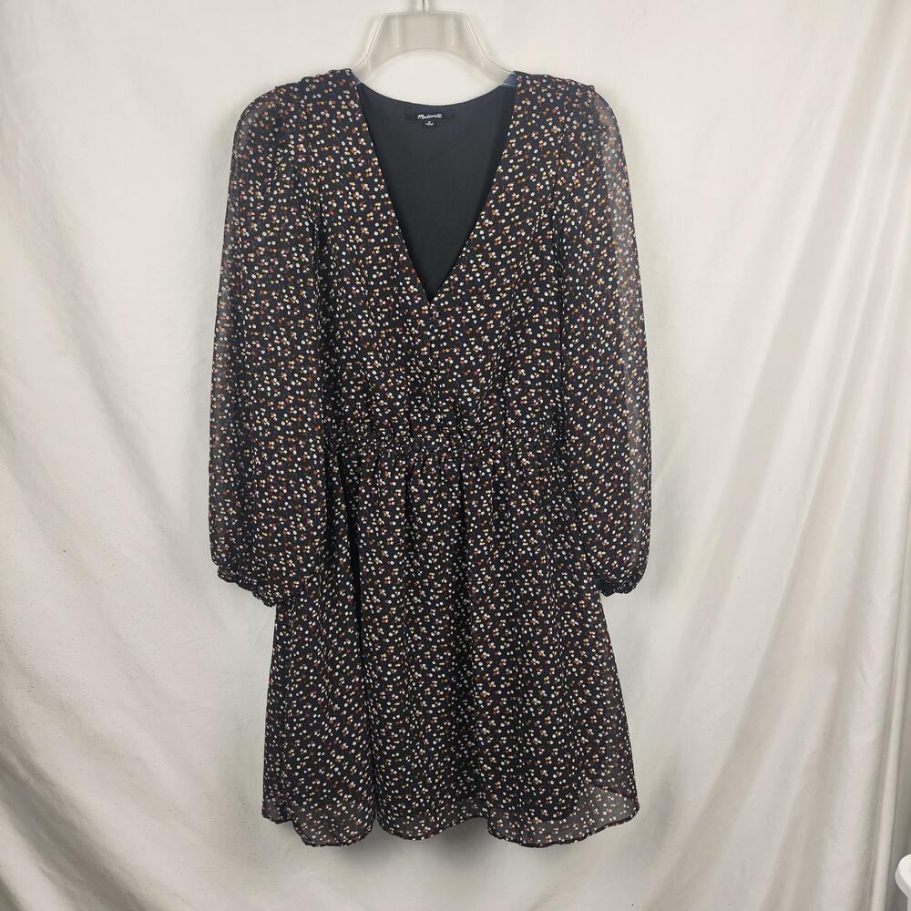 Madewell Dress Womens Medium Black Floral Chiffon Wrap Fit & Flare Long Sleeve